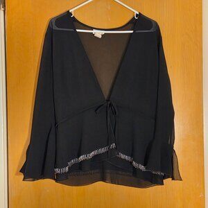 Vintage Sally USA Sheer Crepe Open Tie Front Cardigan Size L Black Beaded Witchy